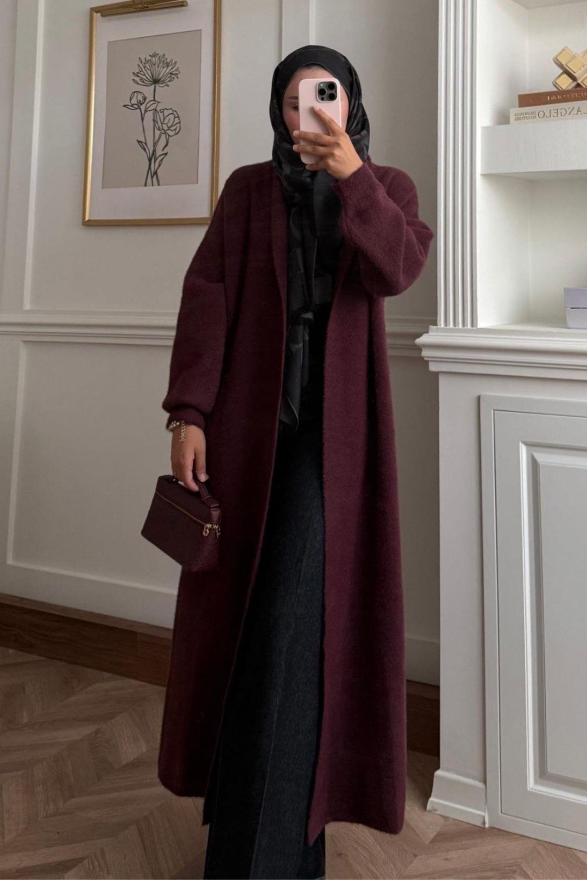 Tam Boy Angora Premium Hırka -Bordo -ang