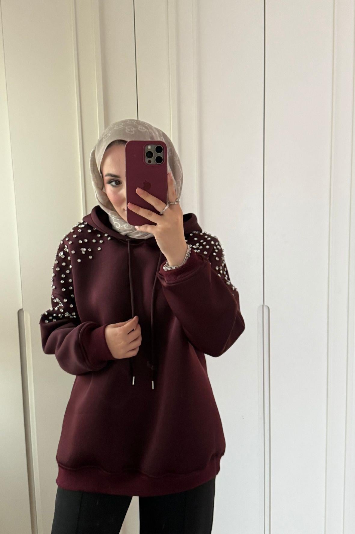 Taş Detaylı Kapişonlu Mabel Scuba Sweat Bordo-6058