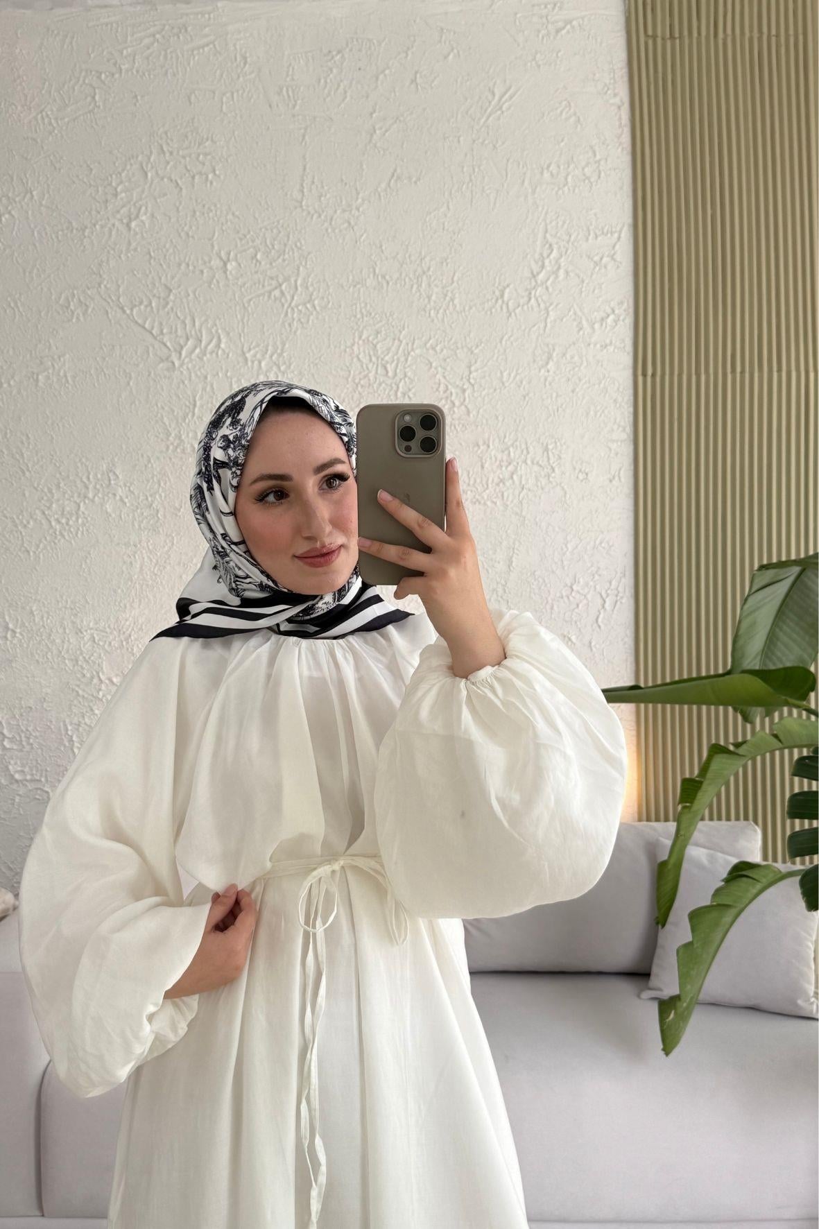 Tesettür Balon Kol Premium Elbise -Beyaz-hop-260