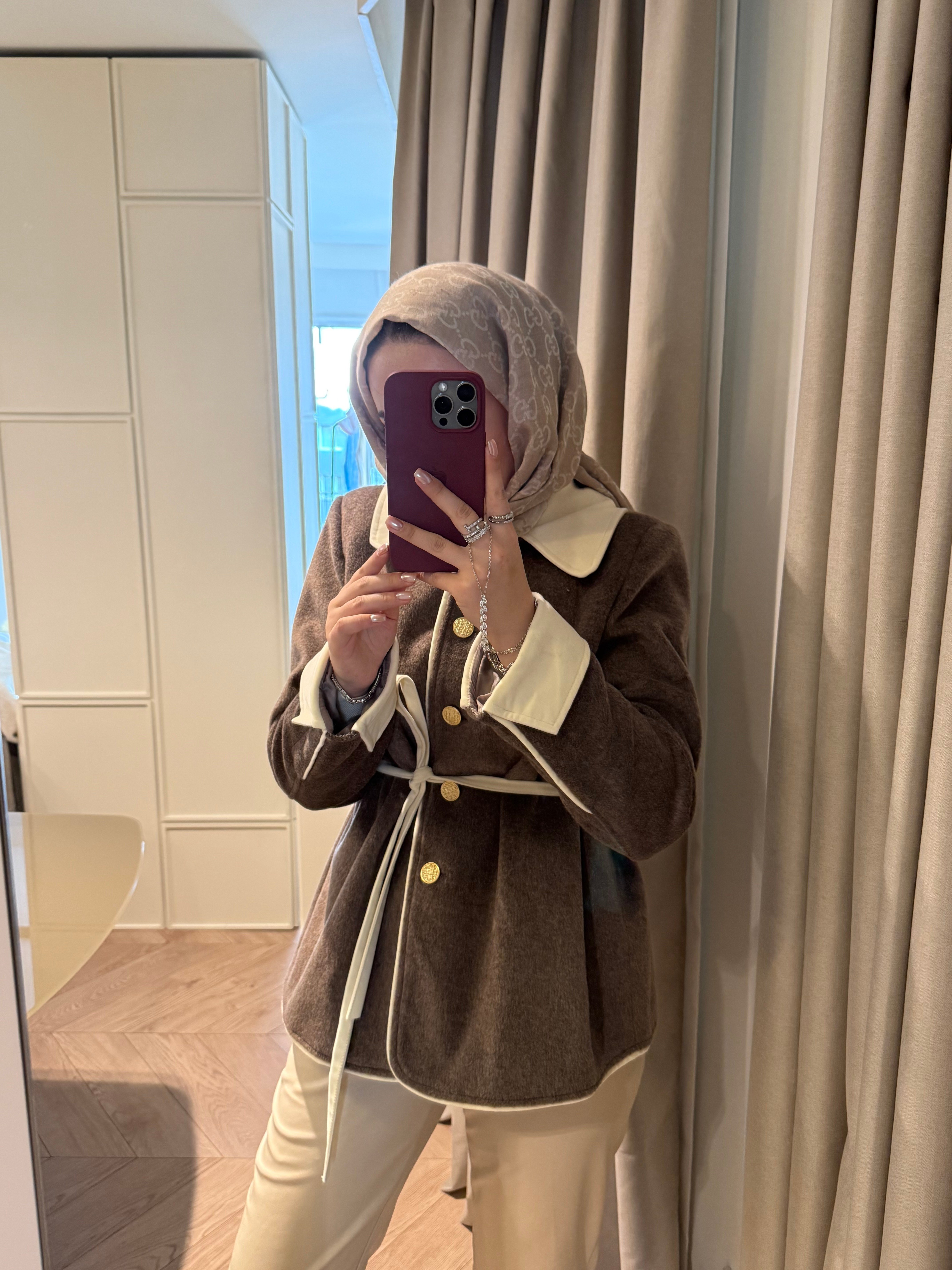 Velora Gold Düğmeli Kontrast Biyeli Ceket - Kahve-6046