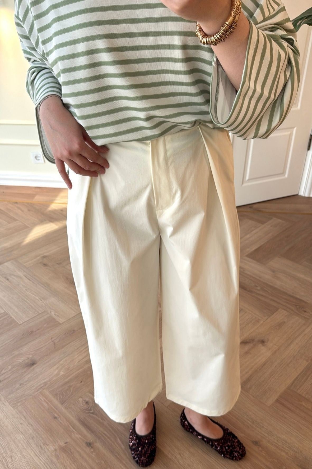 Vesta Pileli Relax Pantolon-Ekru-4530