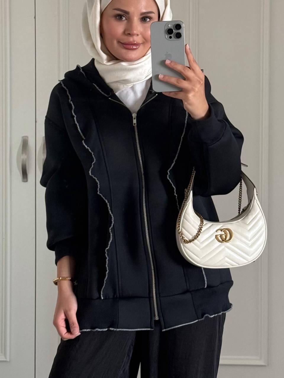 Fermuarlı Puf Sweatshirt-Siyah