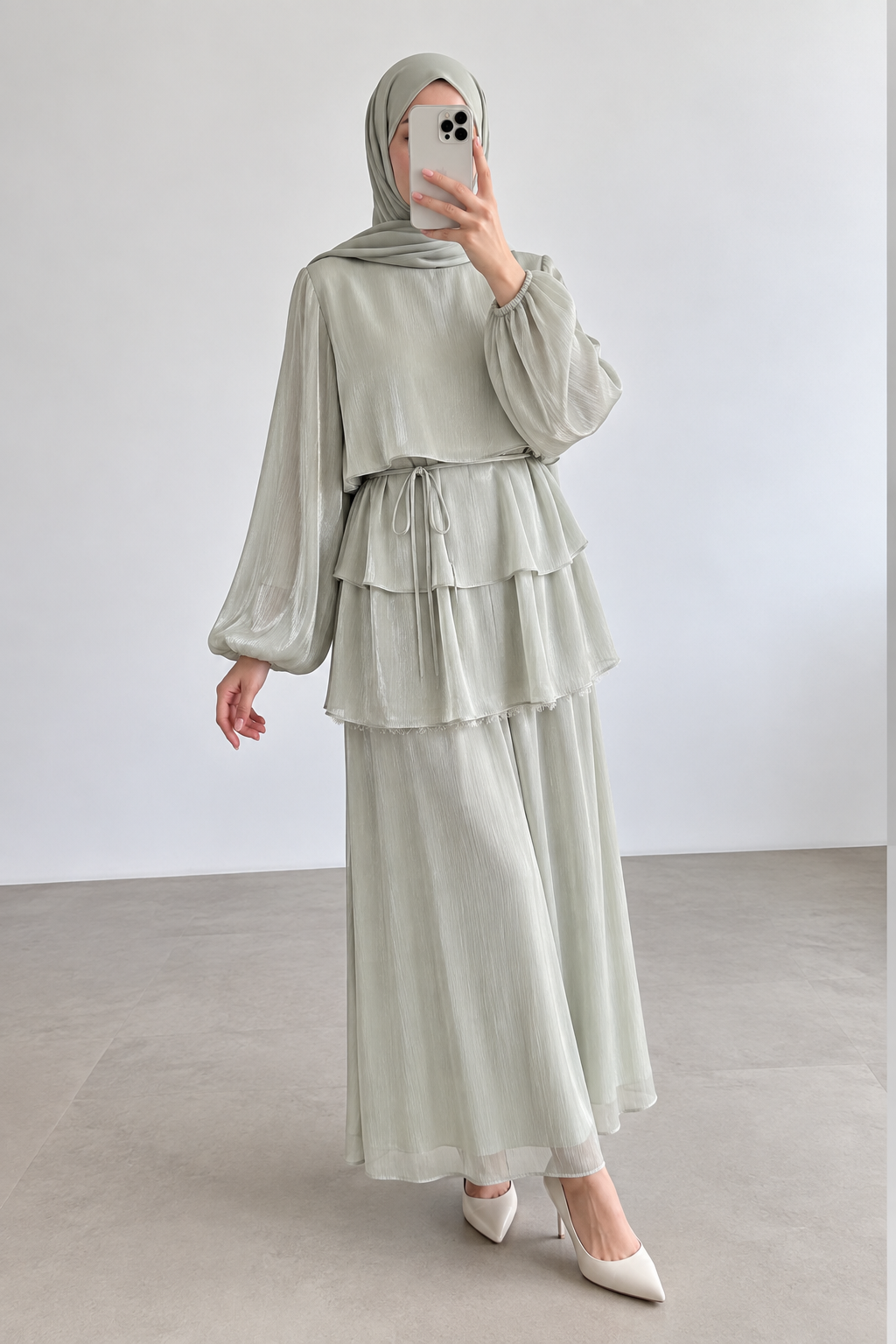Organze Dantel Detaylı Takım-Mint Yeşili