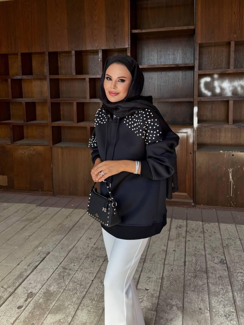 Taş Detaylı Kapişonlu Mabel Scuba Sweat-Siyah
