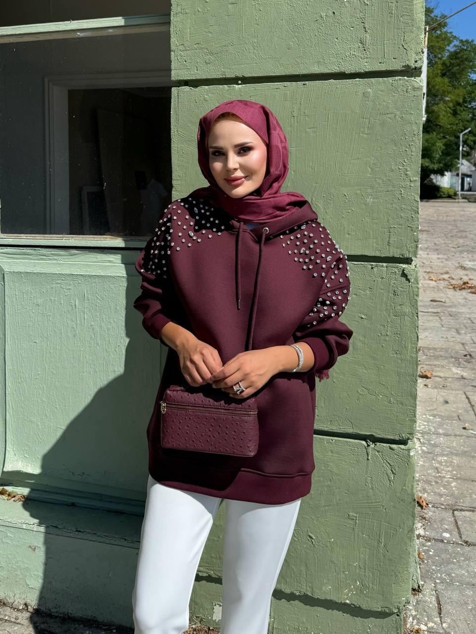 Taş Detaylı Kapişonlu Mabel Scuba Sweat-Bordo