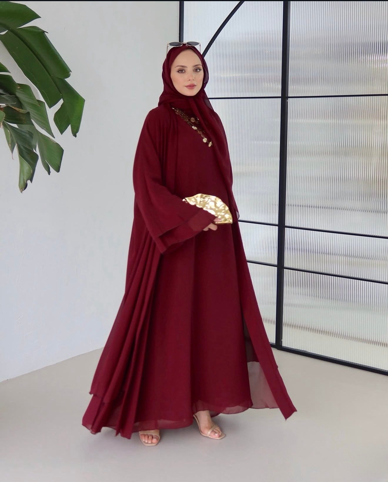 Zarya Abaya Takımı (Abaya-Şal-İç Elbise)-Bordo