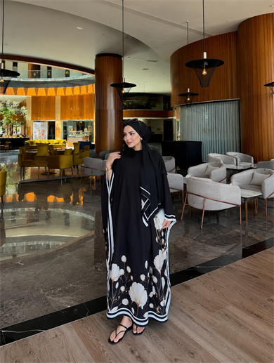 Flower Kaftan Elbise-Siyah