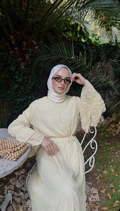 Kol Detaylı Kraş  Dokulu Şifon Elbise-Butter Yellow