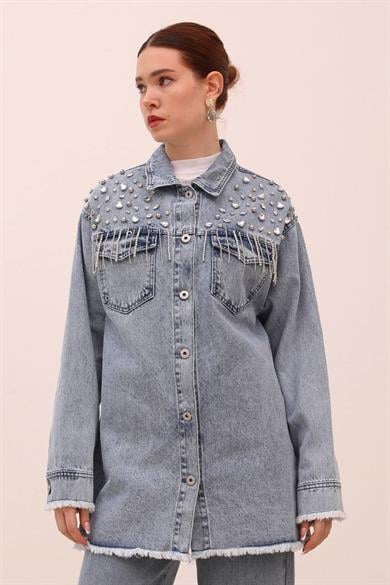 Taş İşlemeli Cepli Denim Ceket-Mavi
