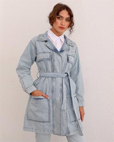 Taş İşlemeli Kemerli Denim Ceket-Açık Mavi