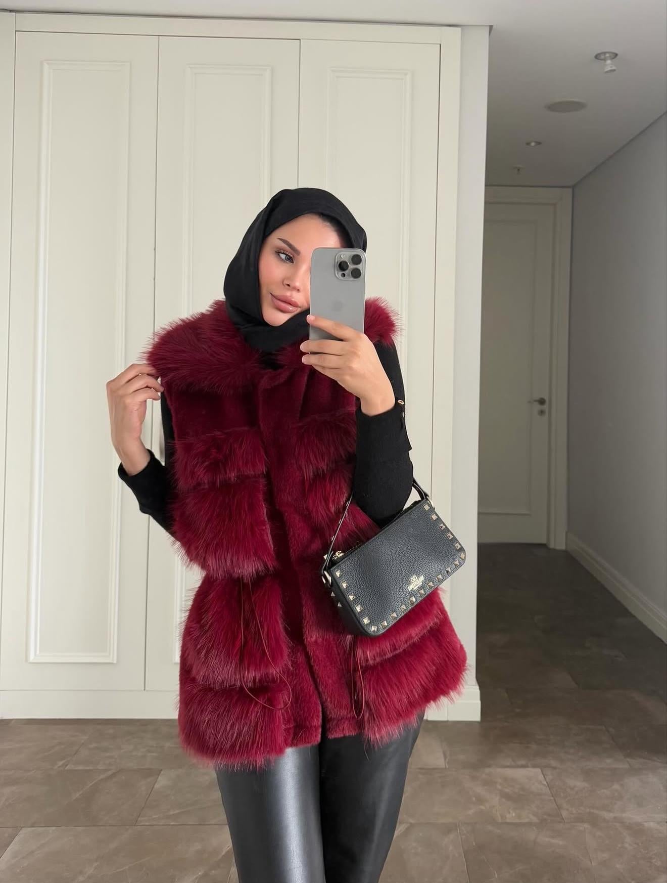 Angora Kürk Yelek-Bordo