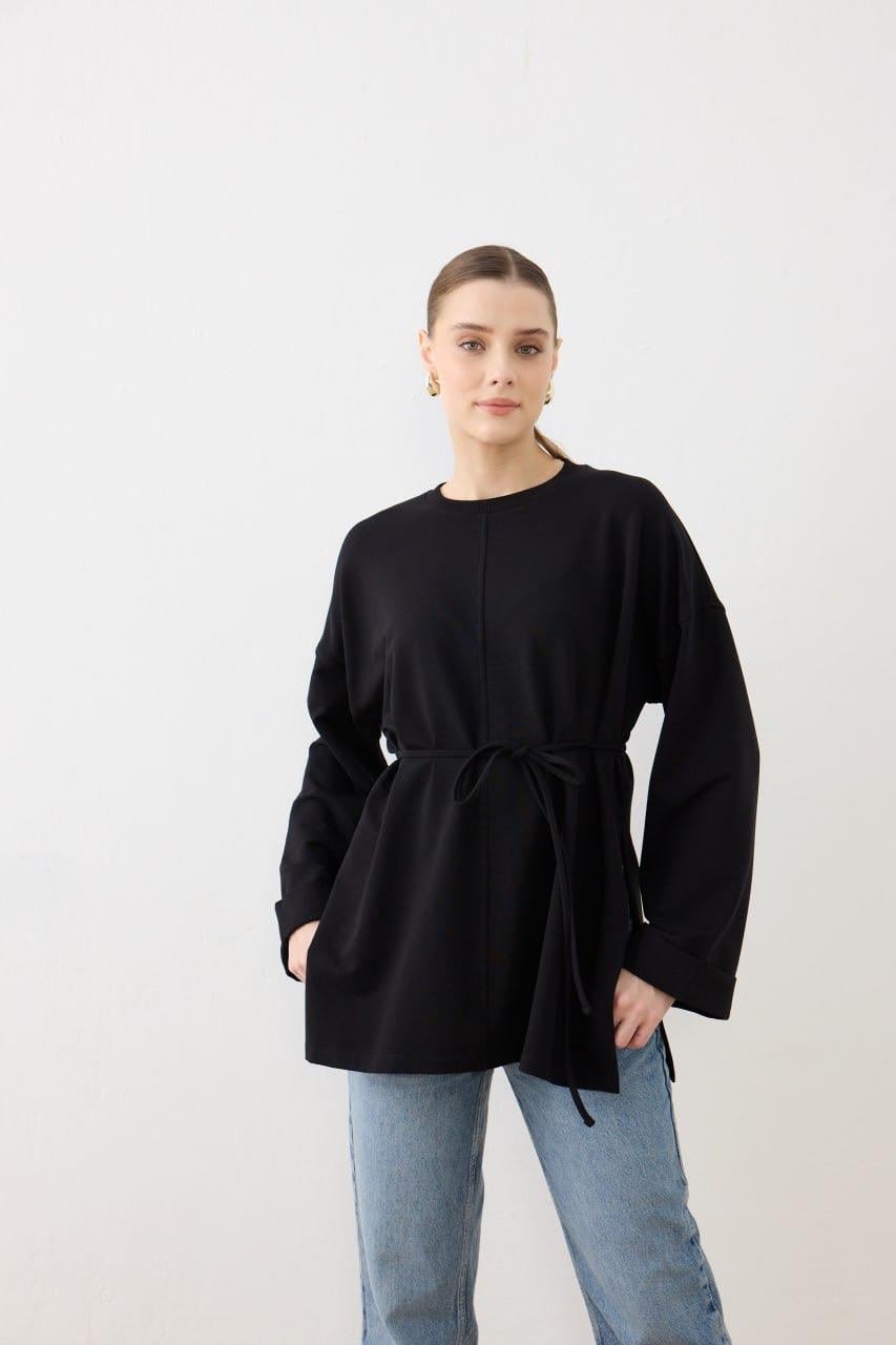 Dikiş Detaylı Yırtmaçlı Sweatshirt-Siyah