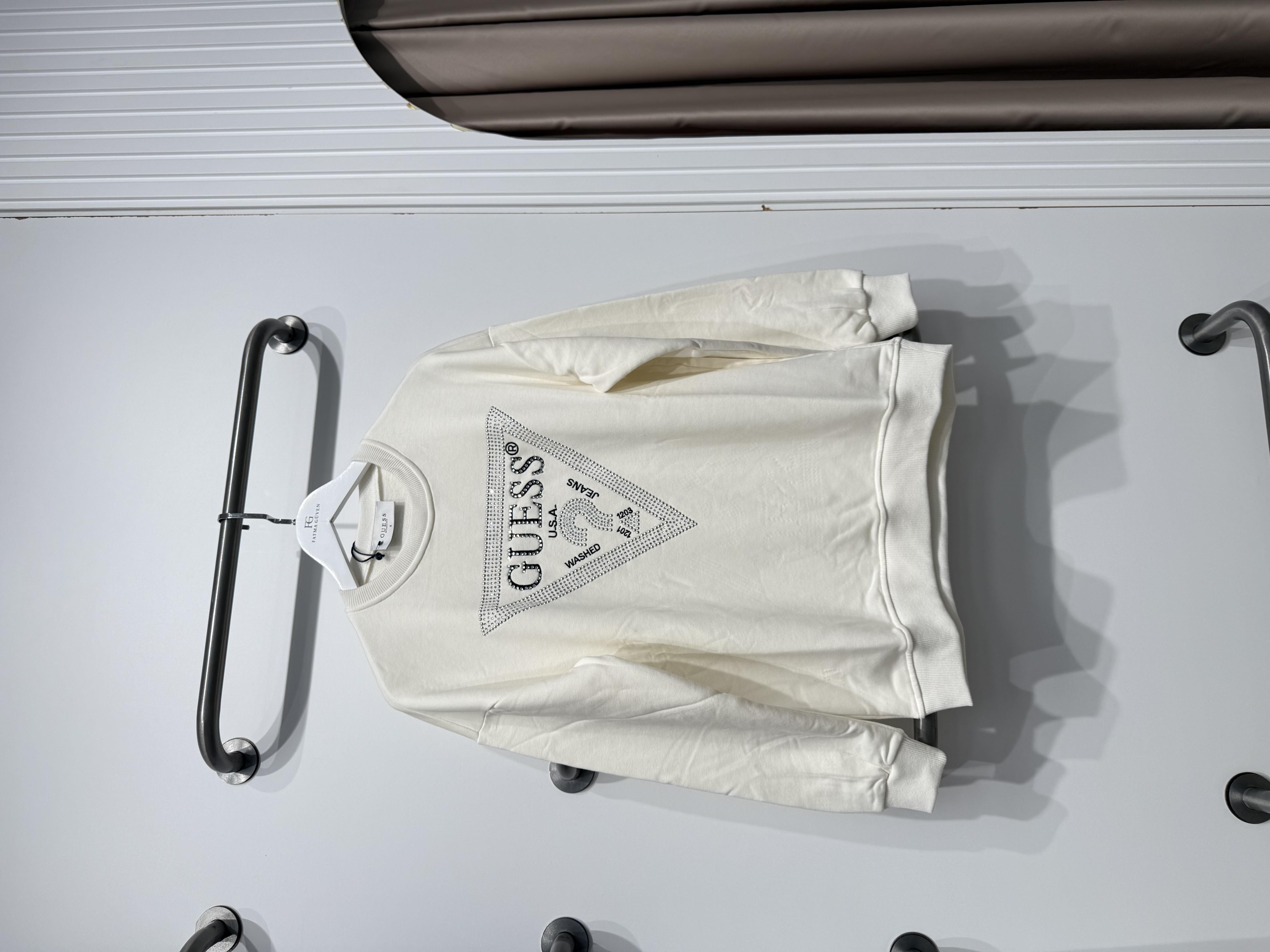 Guess Taşlı Premium Sweatshirt-Beyaz