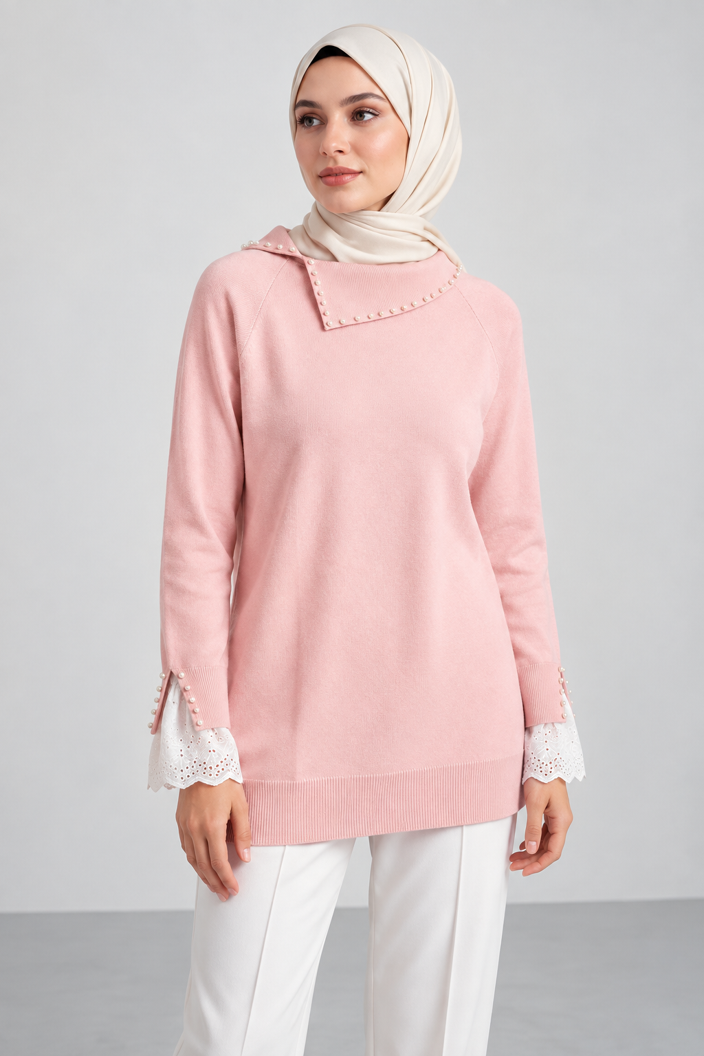 İnci Dantel Tunik-Pudra Pembe