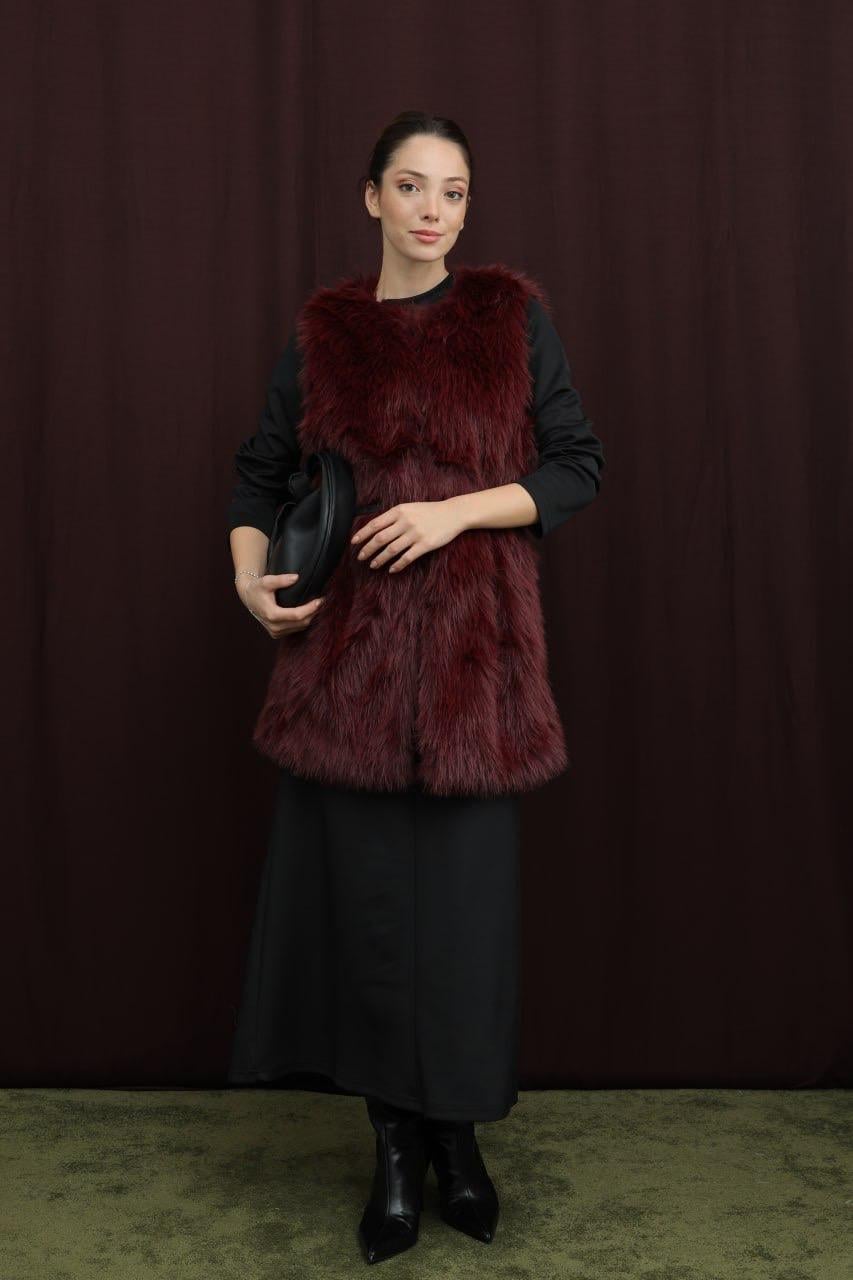 Kadın Kemerli Lolita Kürk Yelek-Bordo
