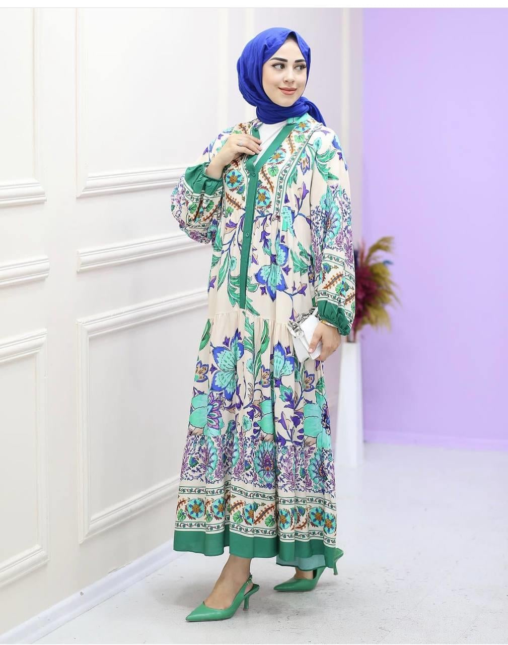 Katleya Desenli Elbise-Yeşil