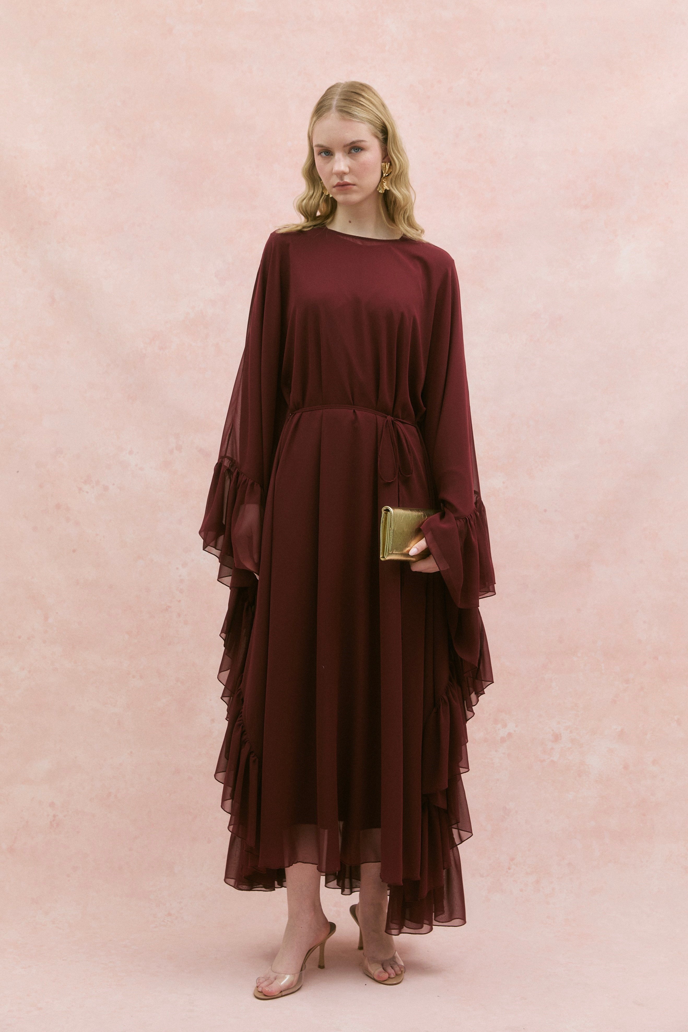 Lora Fırfır Abaya-Bordo
