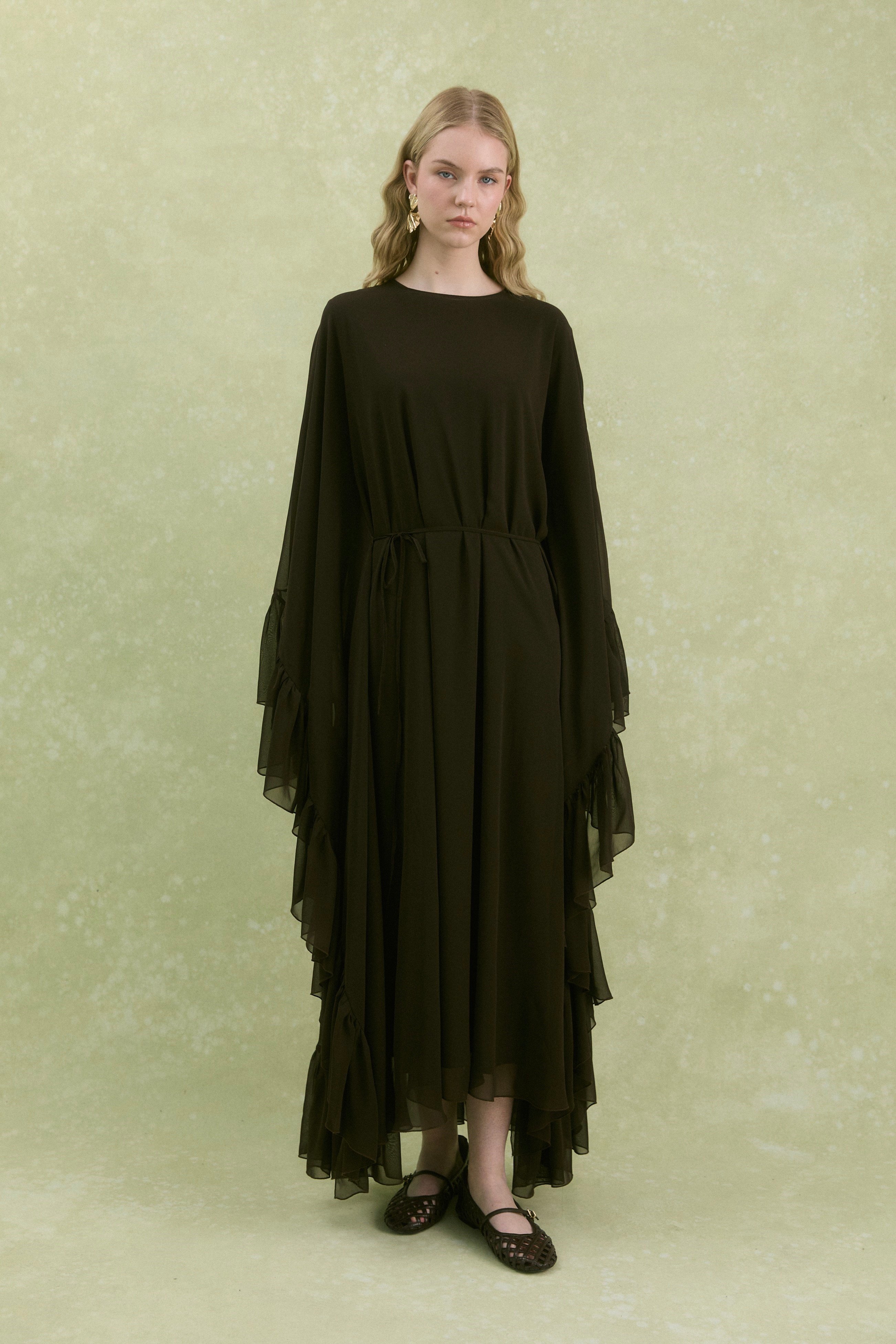 Lora Fırfır Abaya-Kahverengi