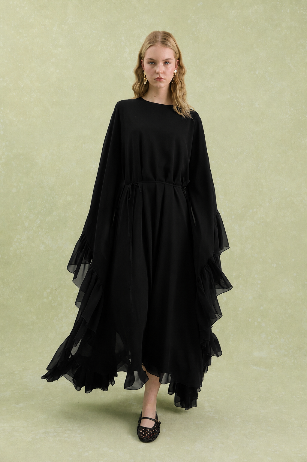 Lora Fırfır Abaya-Siyah