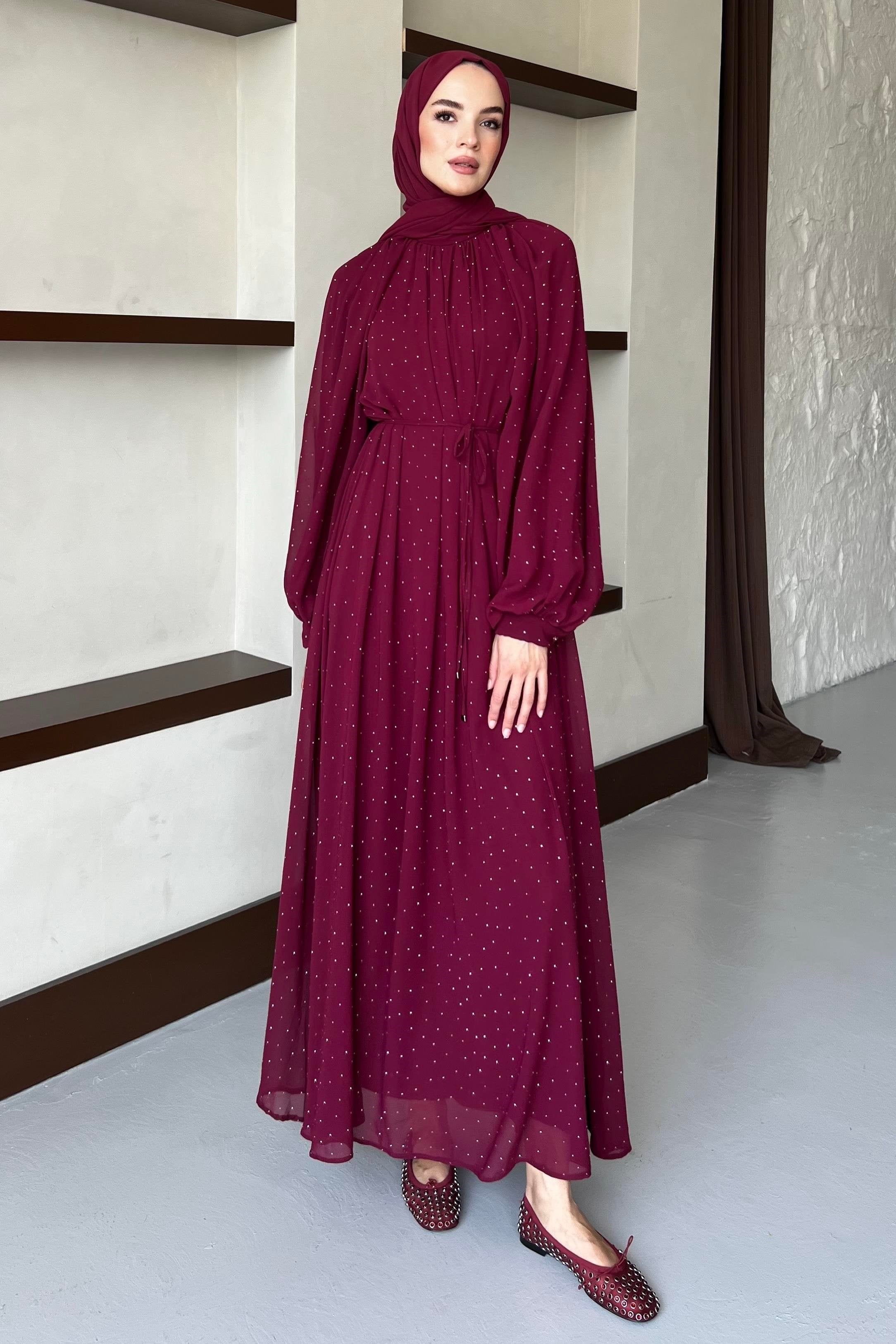 Luna Taşlı Elbise-Bordo