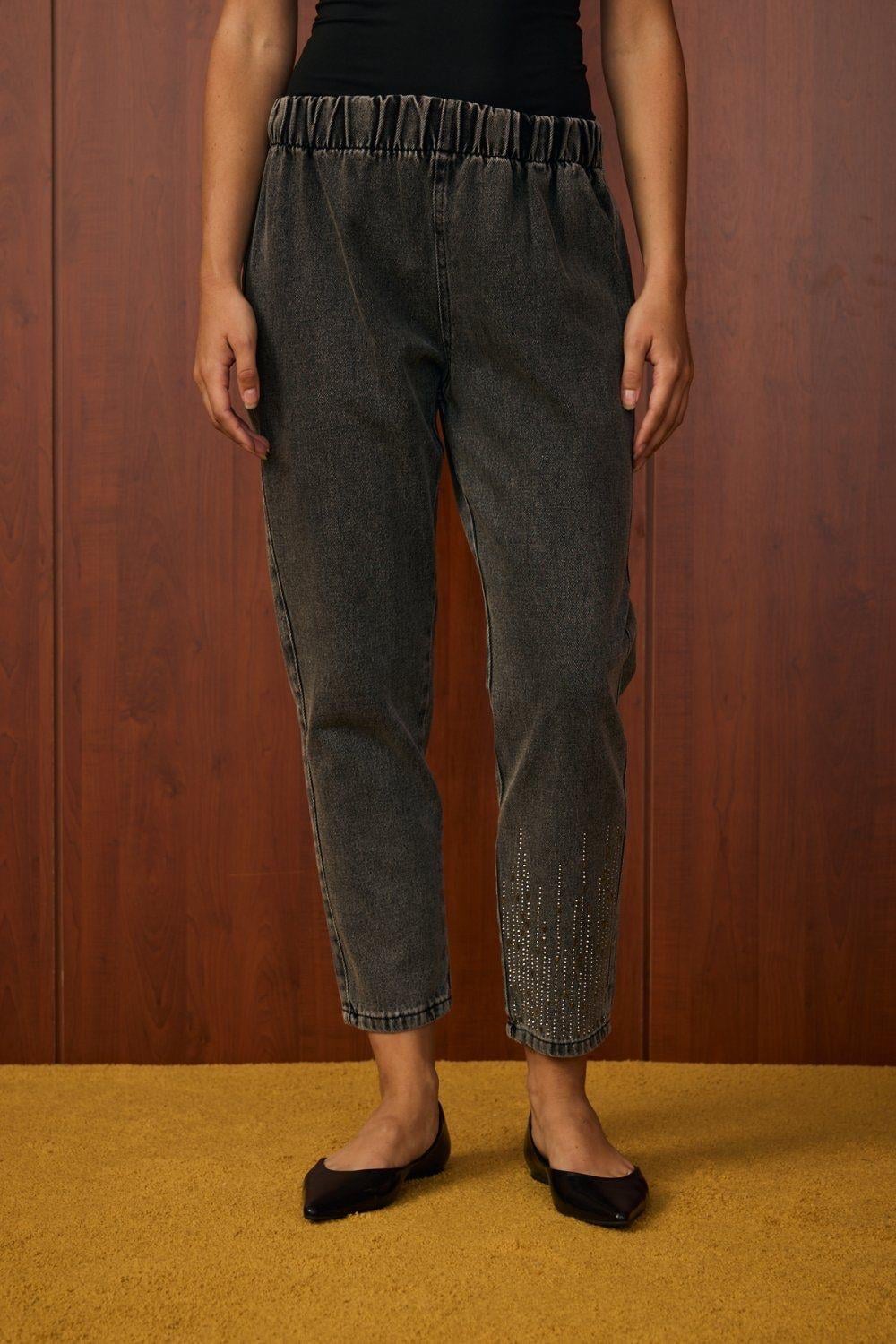 Ön Taşlı Denim Pantolon-Koyu Gri