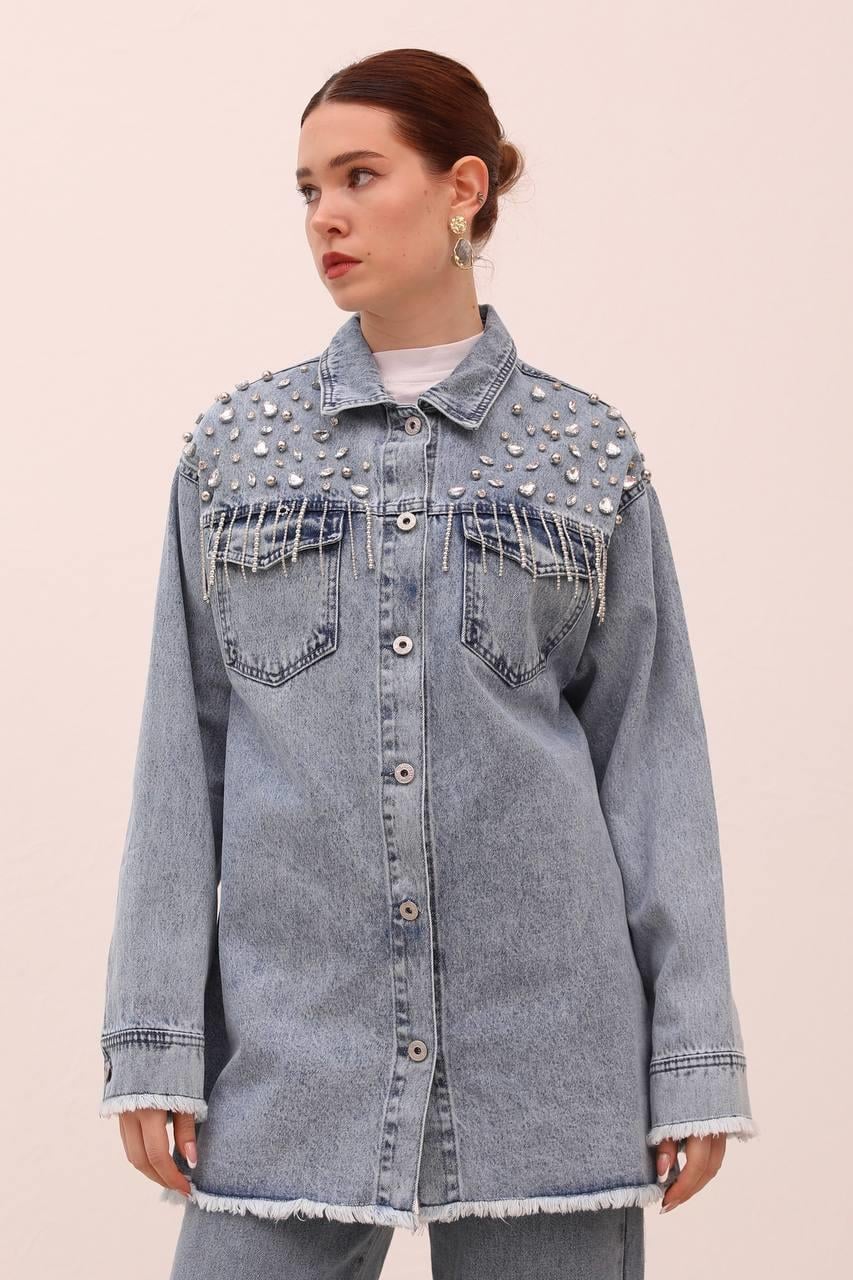 Taş İşlemeli Cepli Denim Ceket-Mavi