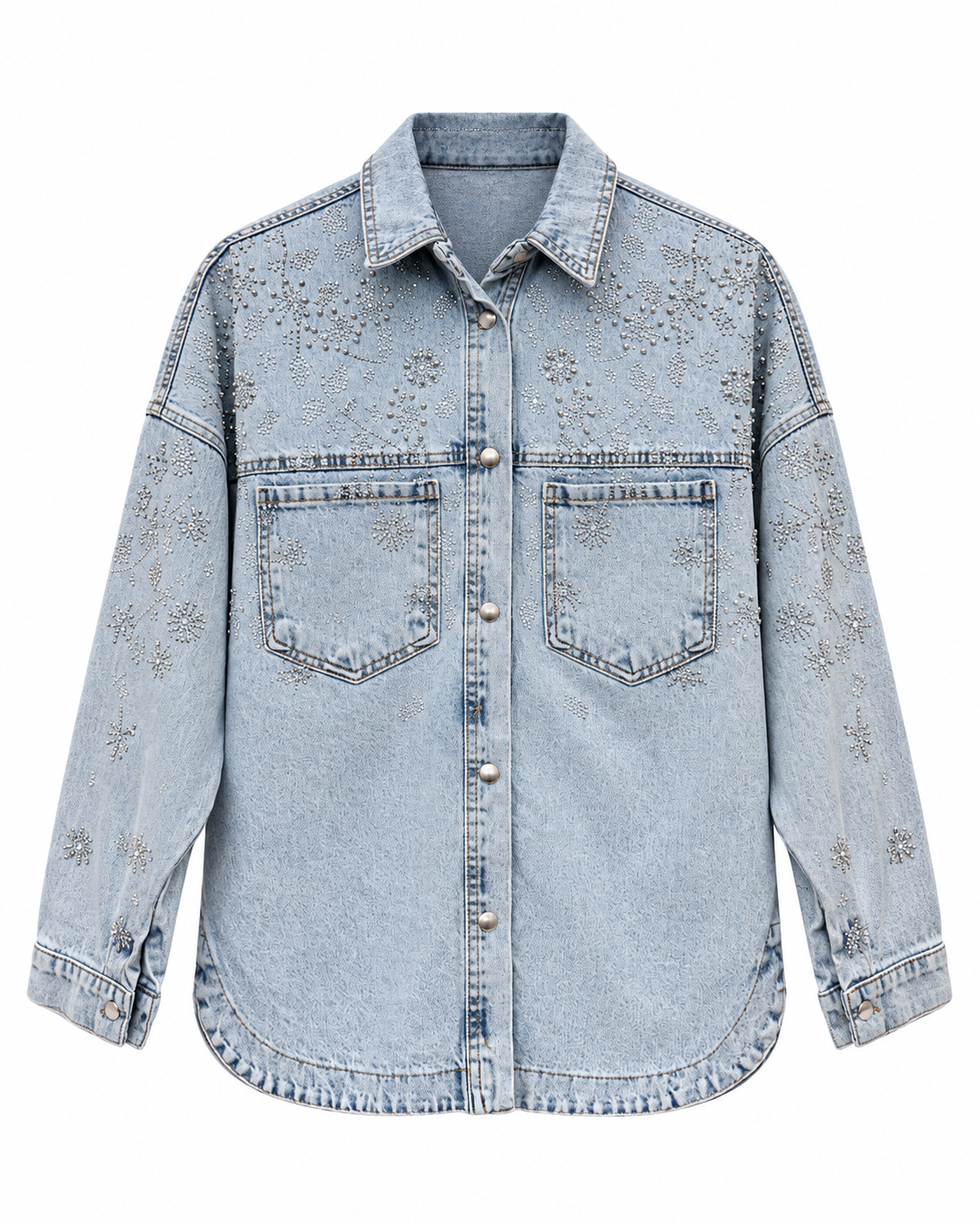 Taş İşlemeli Denim Ceket-Mavi