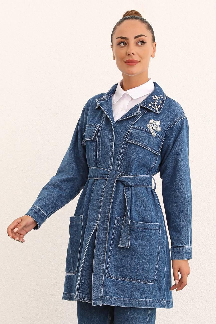 Taş İşlemeli Kemerli Denim Ceket-Koyu Mavi