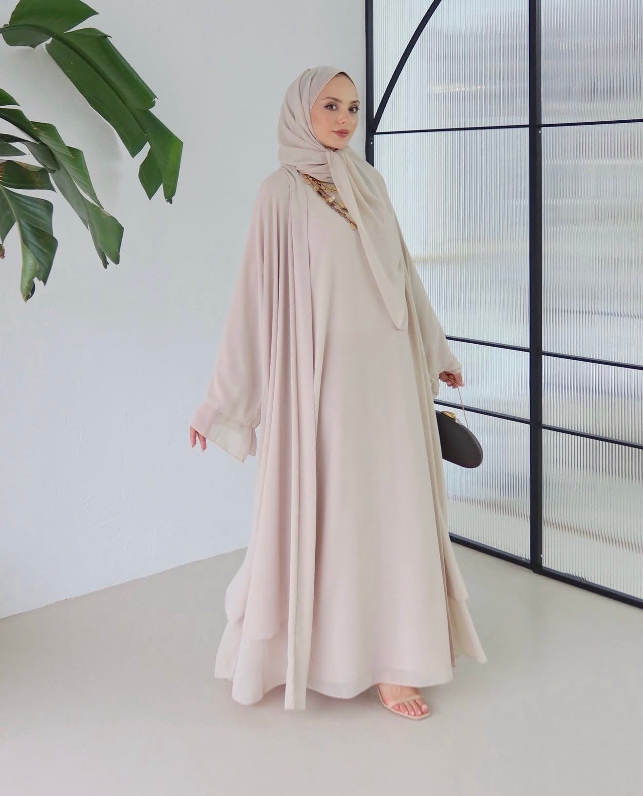 Zarya Abaya Takımı (Abaya-Şal-İç Elbise)-Bej