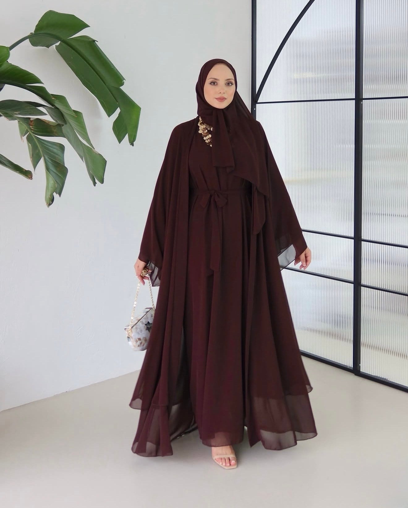 Zarya Abaya Takımı (Abaya-Şal-İç Elbise)-Kahve