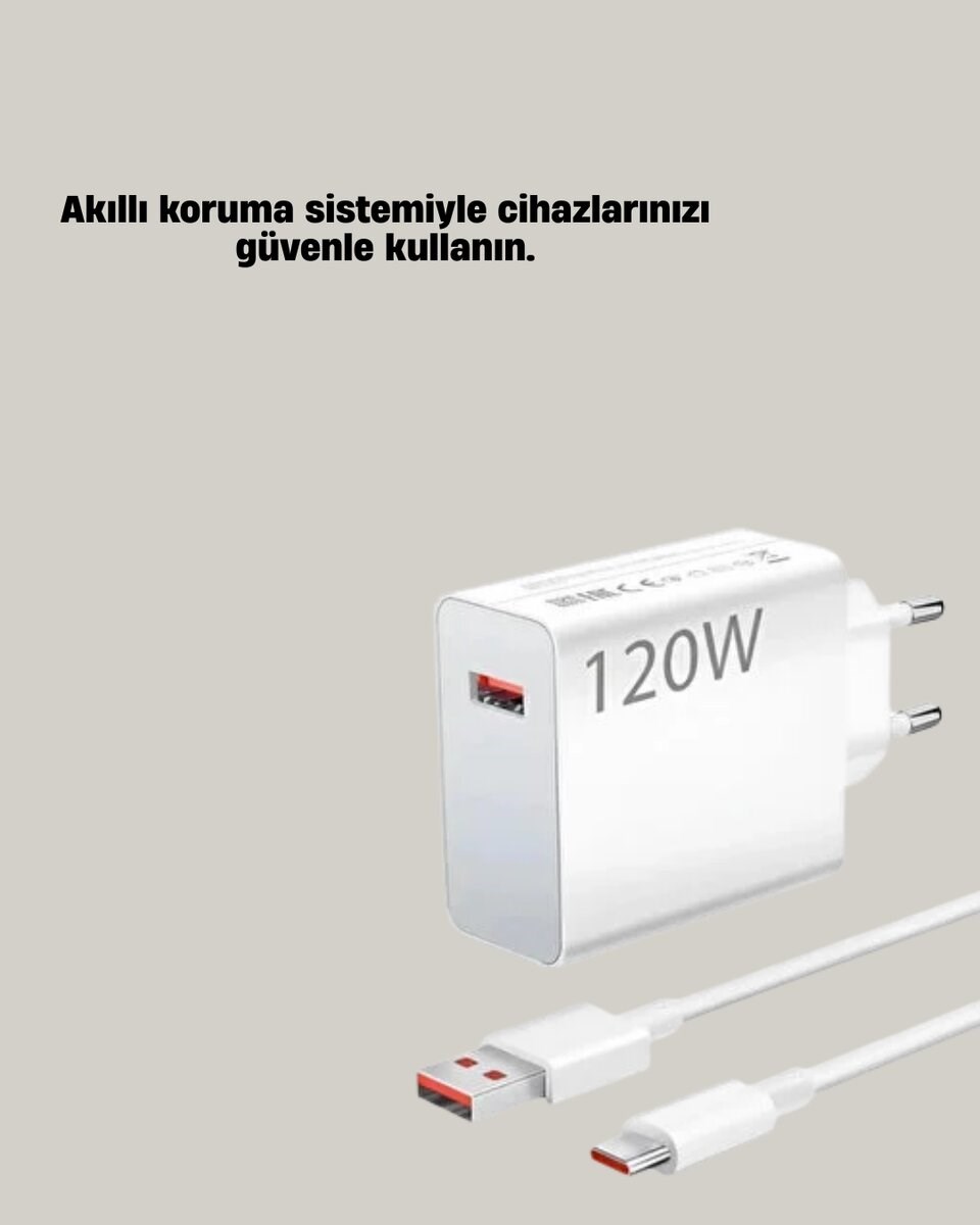 120W Güçlü Hızlı Şarj Adaptörü ve Type-C Kablo Seti – Güvenli Şarj Teknolojisi