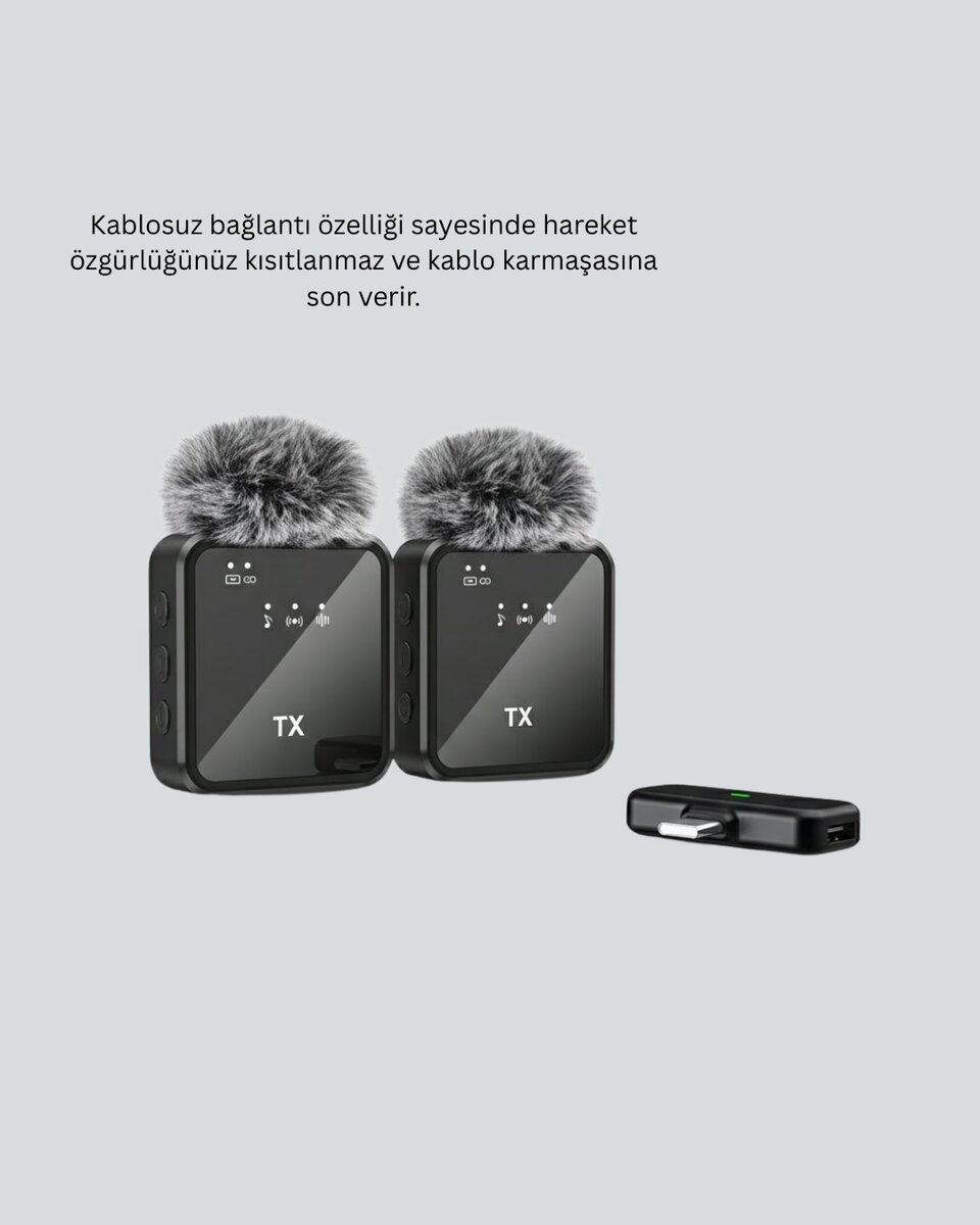 2’li Kablosuz Yaka Mikrofonu Type-C ve Lightning Uyumlu Profesyonel Set