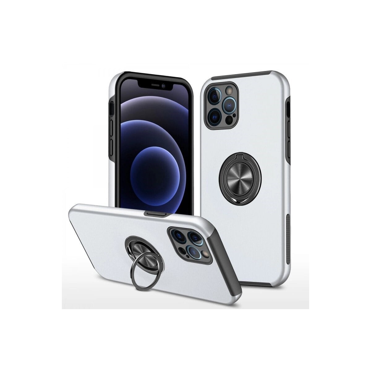 Apple İphone 12 Pro Kılıf Elit Yüzüklü Kapak - Gümüş