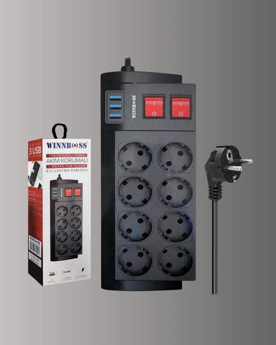 Güçlü Termal Korumalı 8 Priz + 3 USB Çoklu Uzatma Kablosu 2m