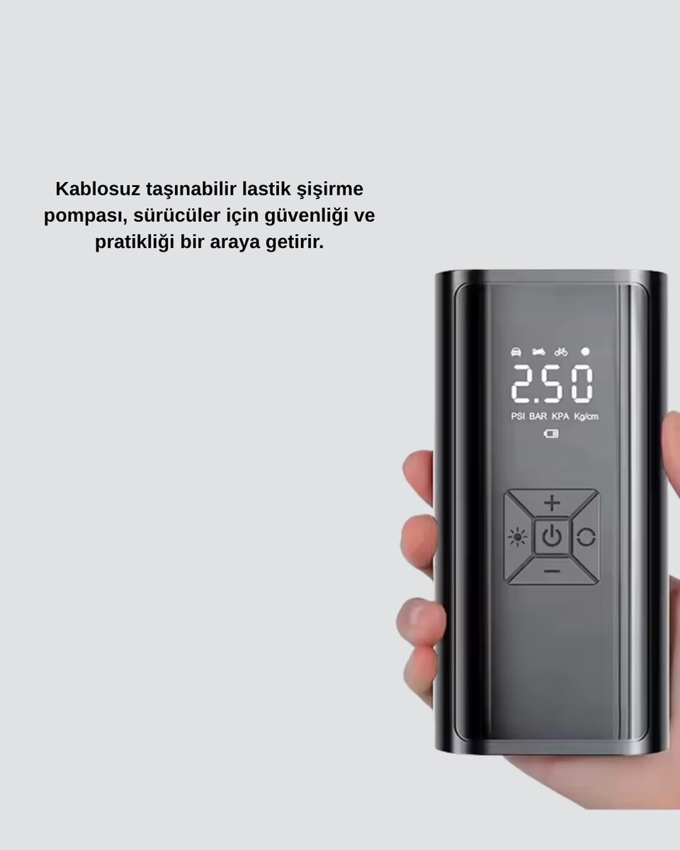Kablosuz Dijital Lastik Şişirme Pompası LED Işıklı 80W