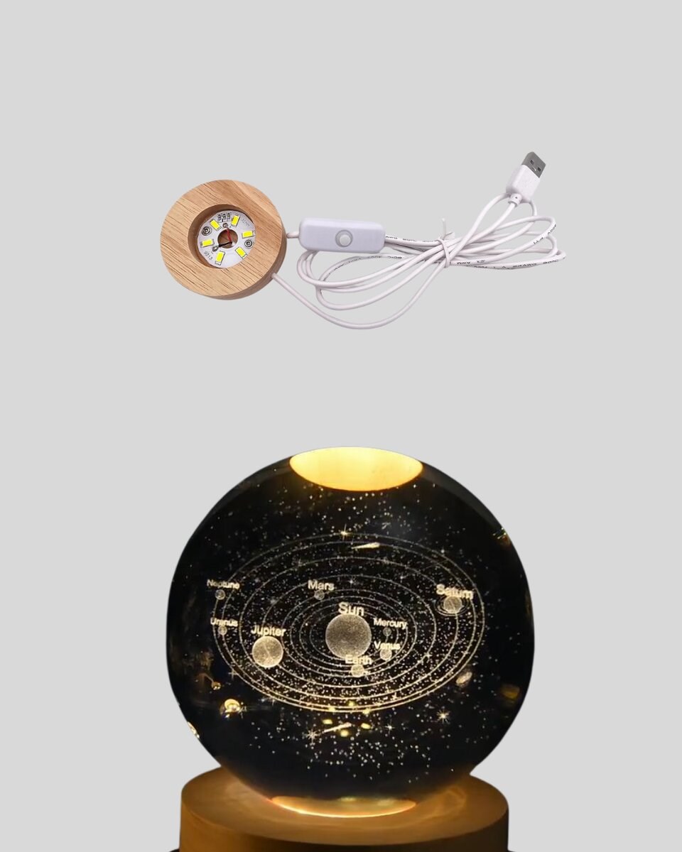 Kristal Gezegen Küre Ahşap Tabanlı USB Işıklı Gece Lambası
