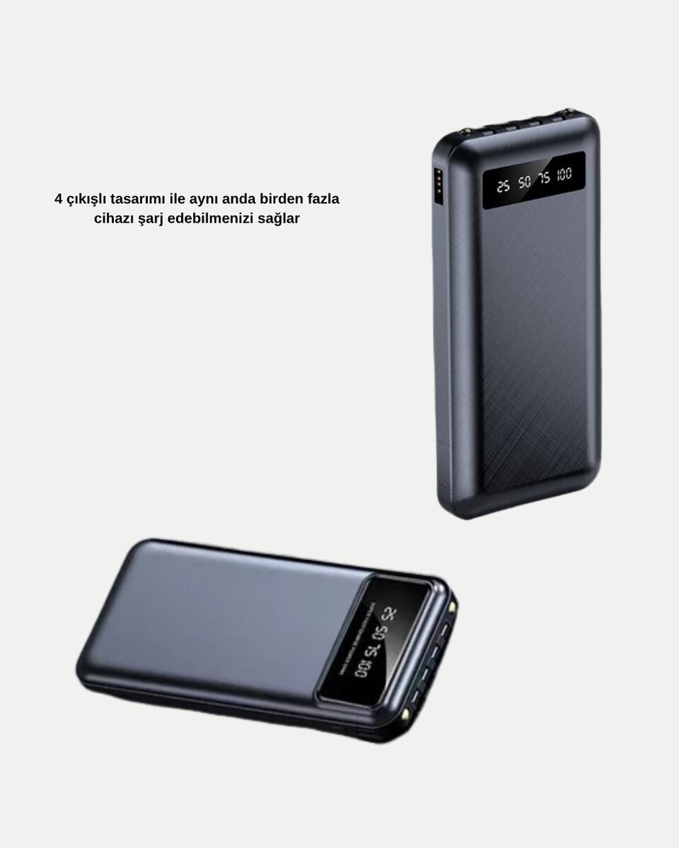 Powerbank 20000 mAh Hızlı Şarjlı LED Fenerli ve 4 Portlu