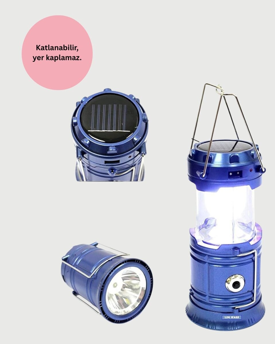 Şarj Edilebilir Güneş Enerjili Kızaklı Kamp Feneri – USB Çıkışlı, Katlanabilir, Dayanıklı ve Çok Fonksiyonlu