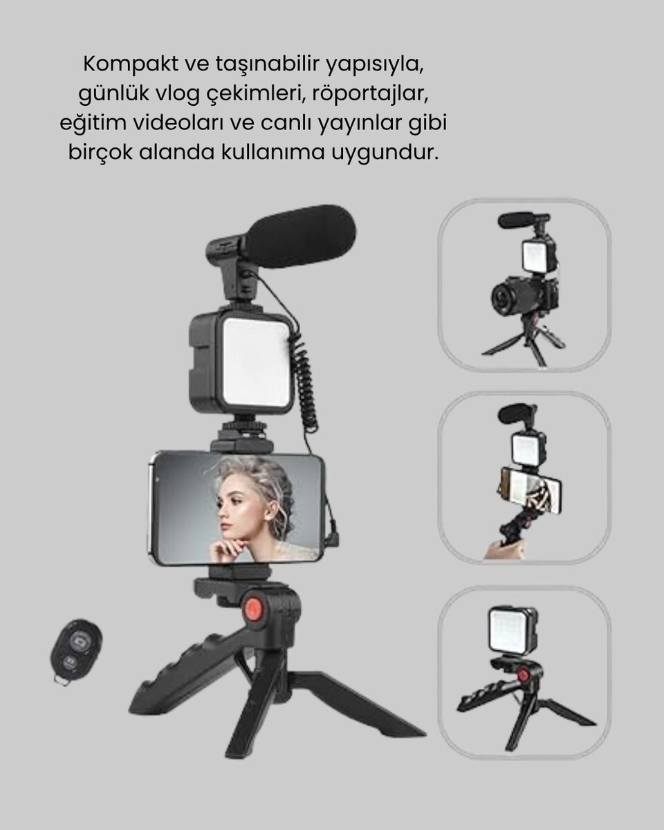 Telefon Video Çekim Kiti LED Aydınlatma Mikrofon Tripodlu Tam Set