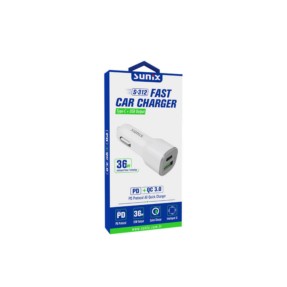 SUNİX ARABA ŞARJI 38W TYPE-C + USB QC 3.0 S-312