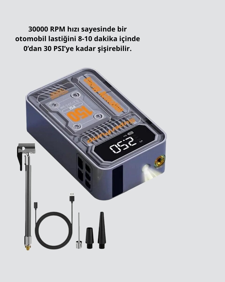 150 PSI Kablosuz Şarjlı Hava Pompası – LED Ekranlı ve Otomatik Kapanma Özellikli