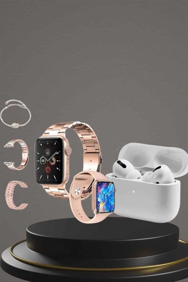 3 Kordonlu Pembe Amoled Ekran Akıllı Saat ve Yeni Nesil Pro Kablosuz Bluetooth Kulaklık ANC/ENC