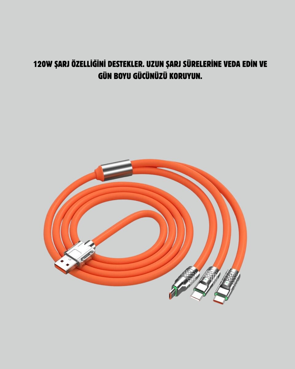 3’ü 1 Arada Kablo – 120W Hızlı Şarj ve Veri Aktarımı Özellikli
