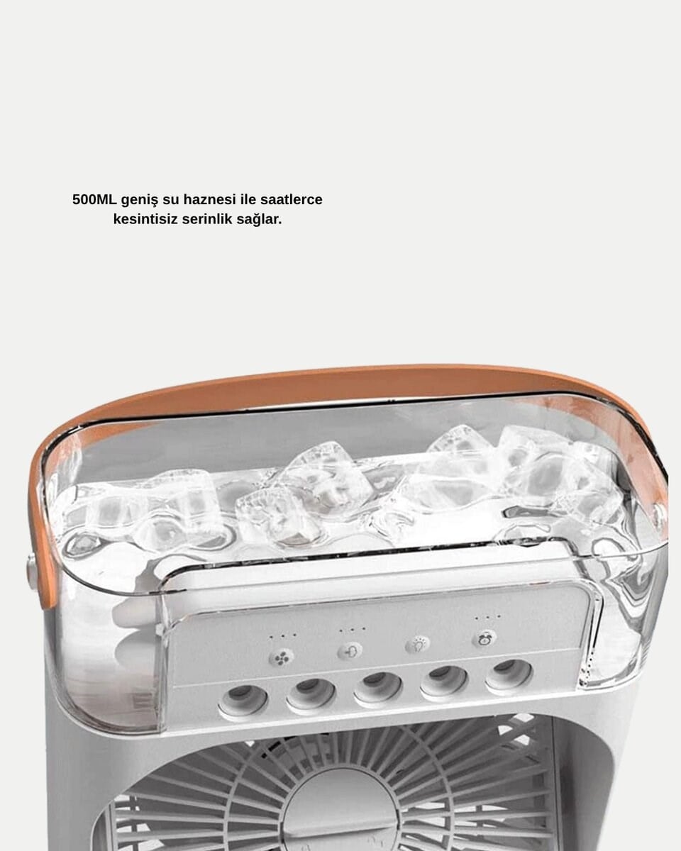 3’ü 1 Arada Mini Klima Fan USB Şarjlı, 7 Renk Gece Lambalı ve Nemlendirici