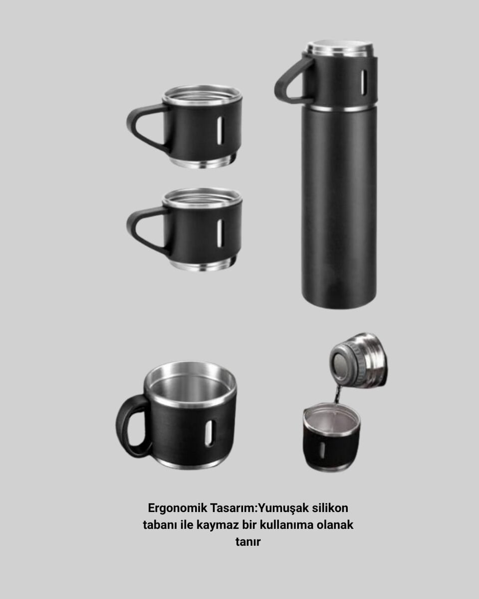 500 ml Isı Korumalı Çelik Termos ve Bardak Seti | Silikon Tabanlı, Şık ve Pratik