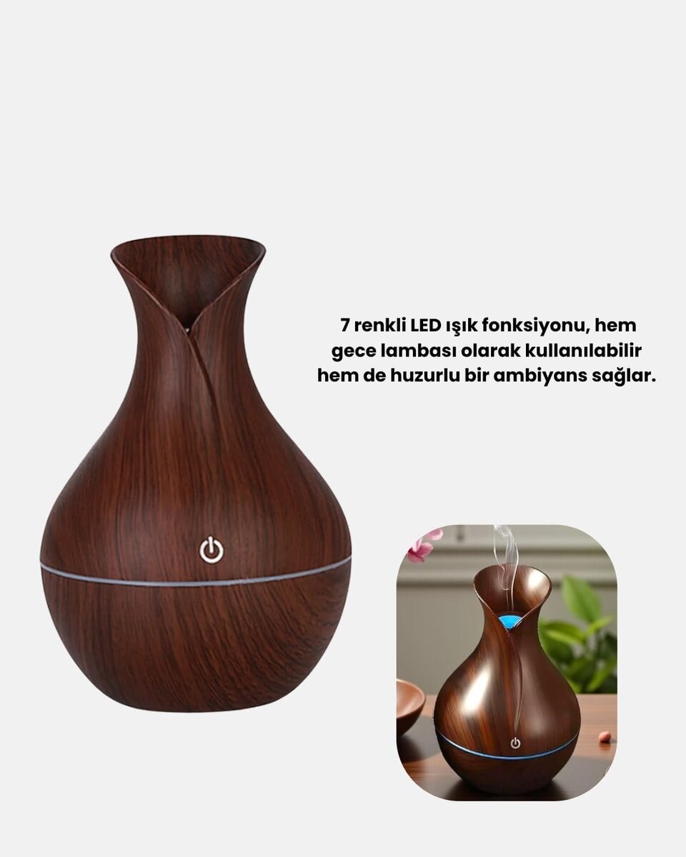 Ahşap Desenli 130 ml Aromaterapi Difüzör Sessiz ve USB Bağlantılı