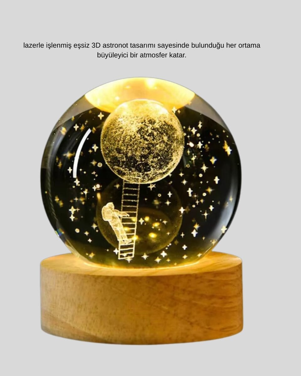 Ahşap Tabanlı 3D Astronot Küre Lamba Çocuk Odası ve Masa Üstü Dekor