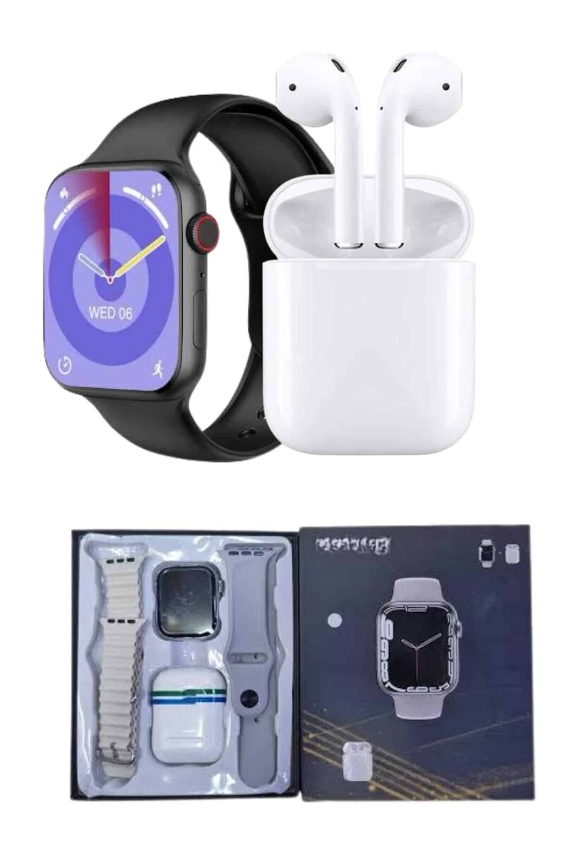 Akıllı Saat Gümüş Kasa Bluetooth Kulaklık Hediyeli Çok Fonksiyonlu İkili Set