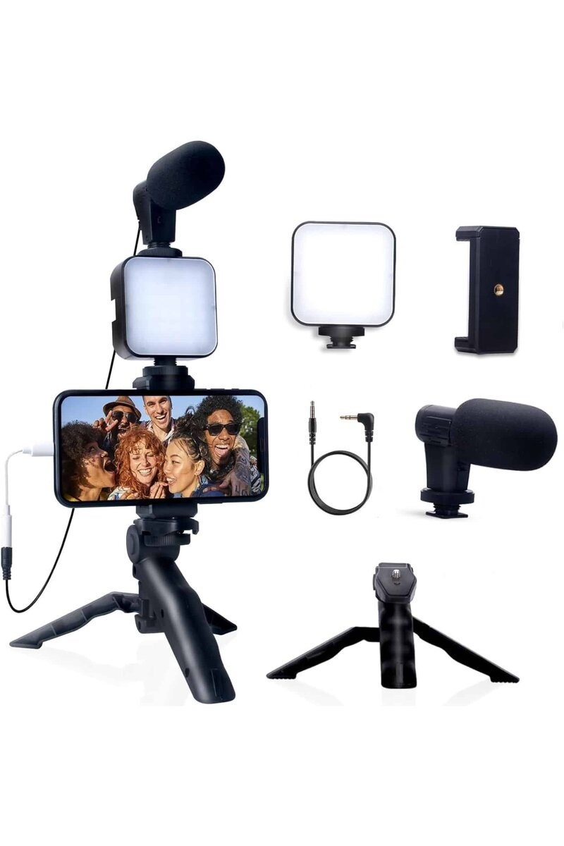 Akıllı Telefon Vlog Kiti Tripod Mini Mikrofonlu Telefon Tutucu