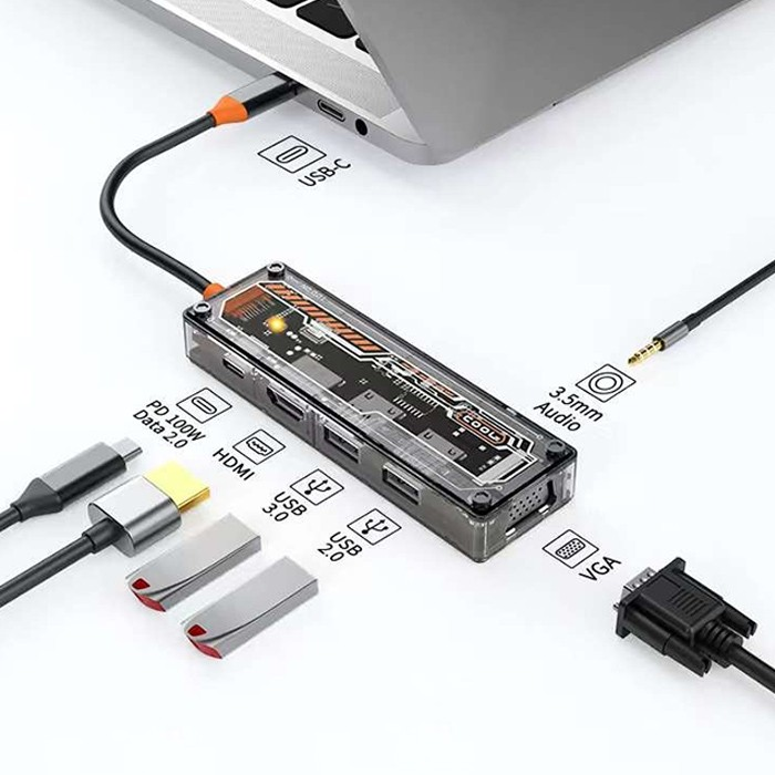 ALLY 6in1 Type-c To USB3.0 + USB2.0 + Type-c PD 100W + HDMI + VGA + 3.5mm  Çoğaltıc Transparanı Hub-(1903)